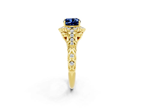 Yellow gold Cushion Cut Blue Sapphire Solitaire Ring with Hidden Halo and Pavé Band_14