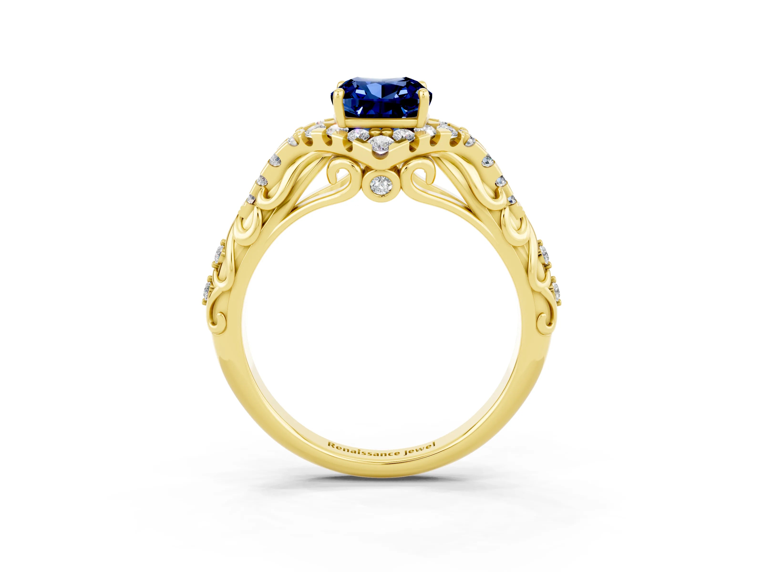 Yellow gold Cushion Cut Blue Sapphire Solitaire Ring with Hidden Halo and Pavé Band_15