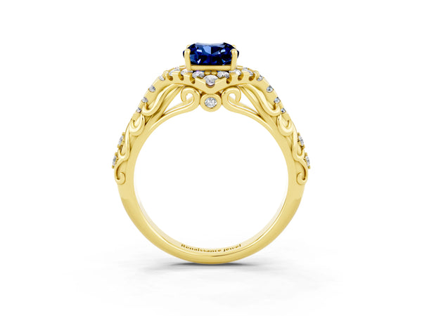 Yellow gold Cushion Cut Blue Sapphire Solitaire Ring with Hidden Halo and Pavé Band