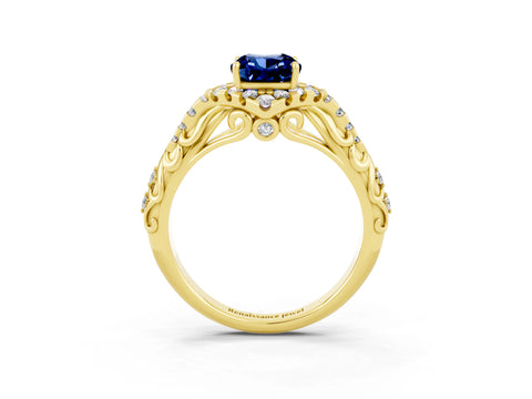 Yellow gold Cushion Cut Blue Sapphire Solitaire Ring with Hidden Halo and Pavé Band_15
