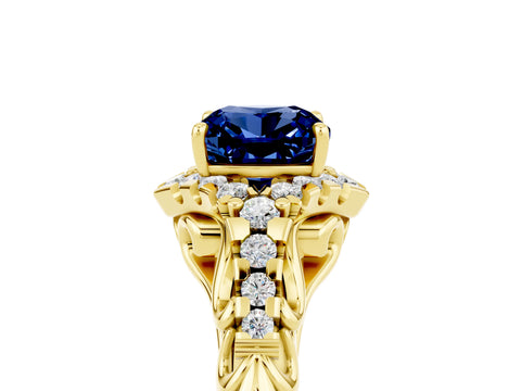 Yellow gold Cushion Cut Blue Sapphire Solitaire Ring with Hidden Halo and Pavé Band_17