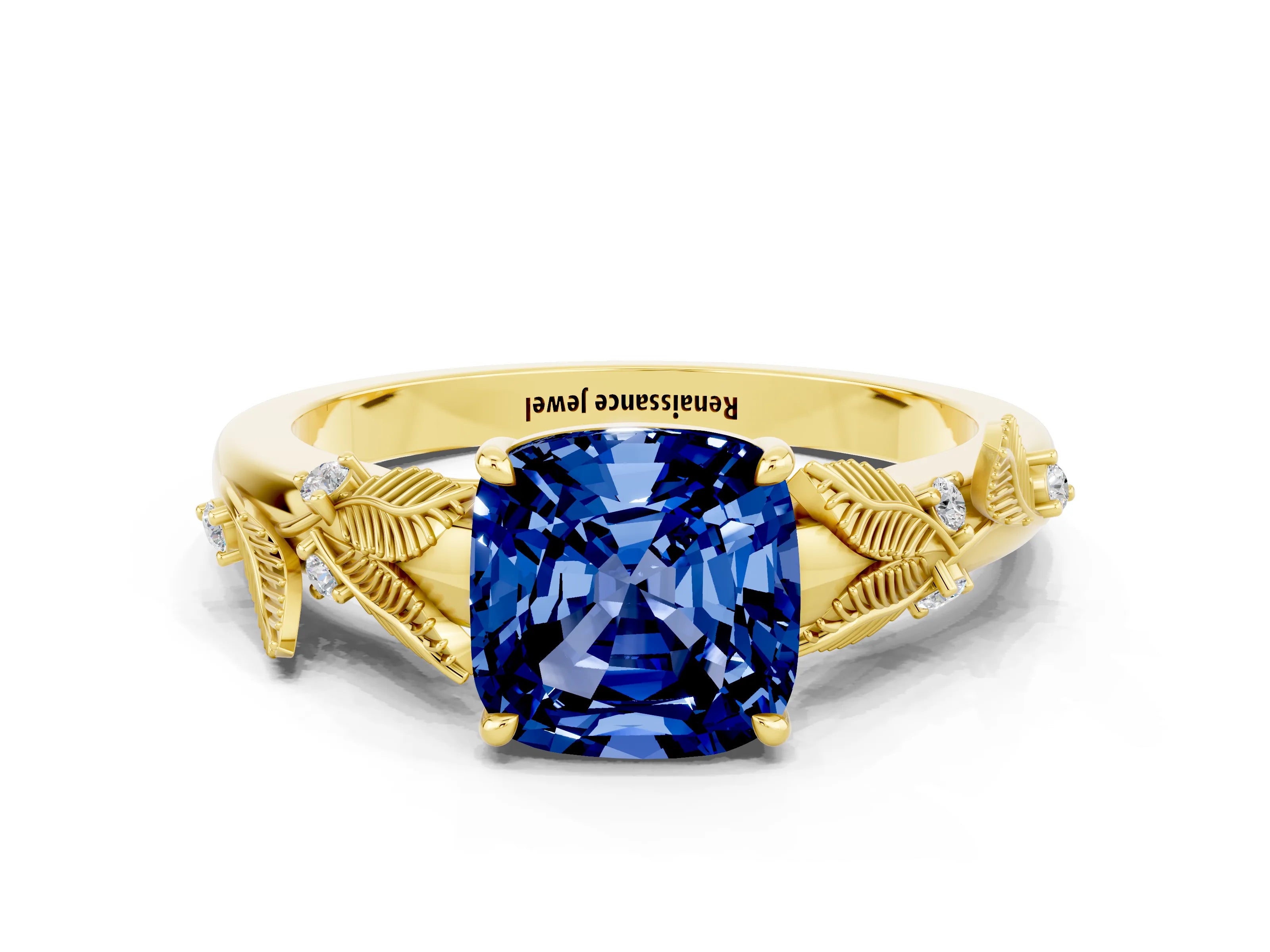 Yellow gold Cushion Cut Blue Sapphire Solitaire Ring with Leaf Motif Band and Four-Prong Setting