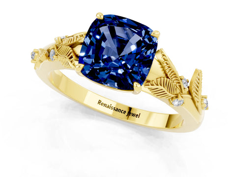 Yellow gold Cushion Cut Blue Sapphire Solitaire Ring with Leaf Motif Band and Four-Prong Setting_1