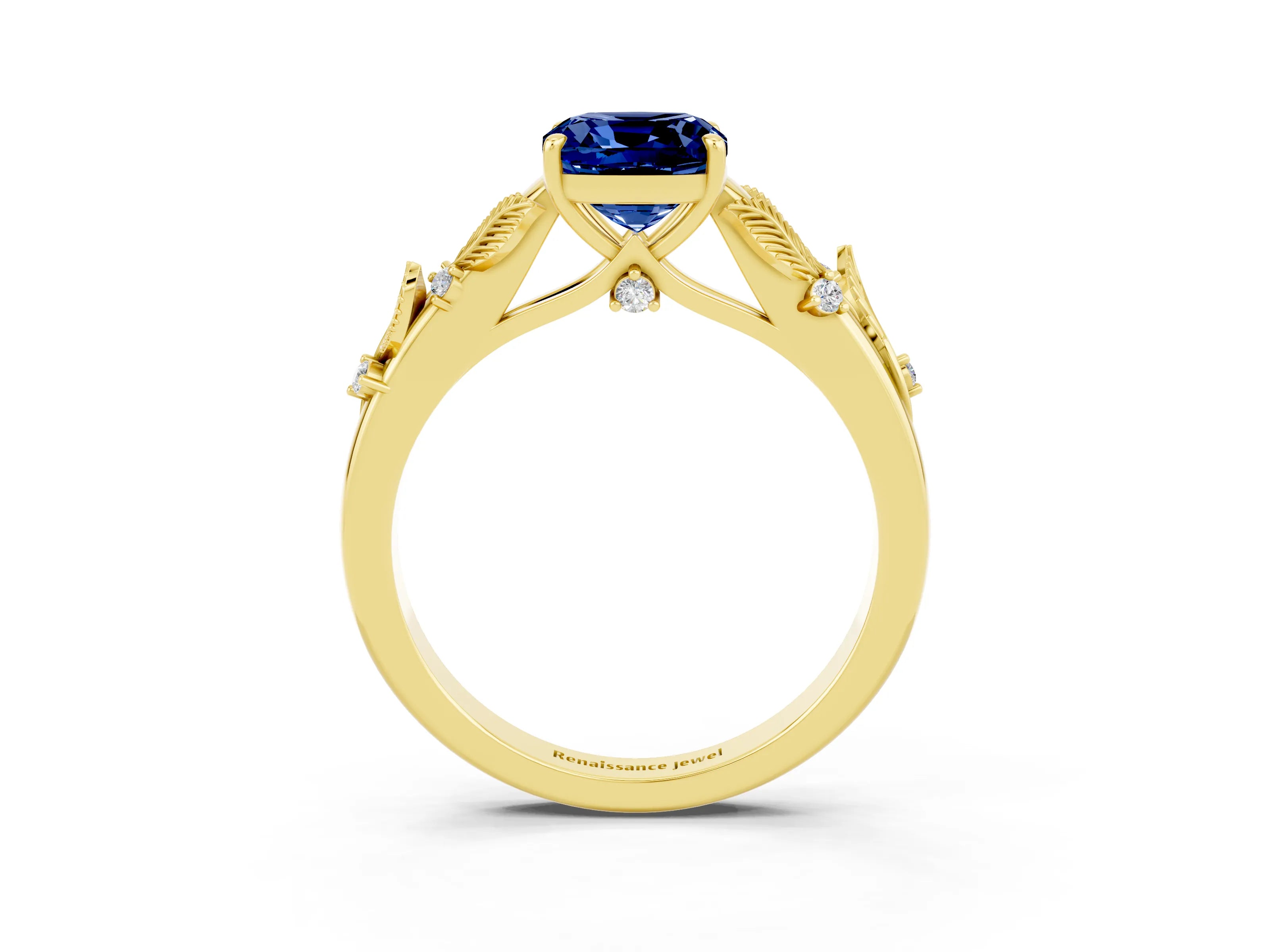 Yellow gold Cushion Cut Blue Sapphire Solitaire Ring with Leaf Motif Band and Four-Prong Setting_3