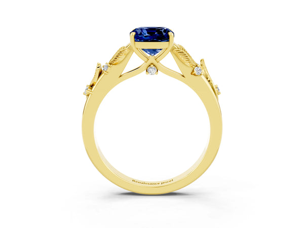 Yellow gold Cushion Cut Blue Sapphire Solitaire Ring with Leaf Motif Band and Four-Prong Setting