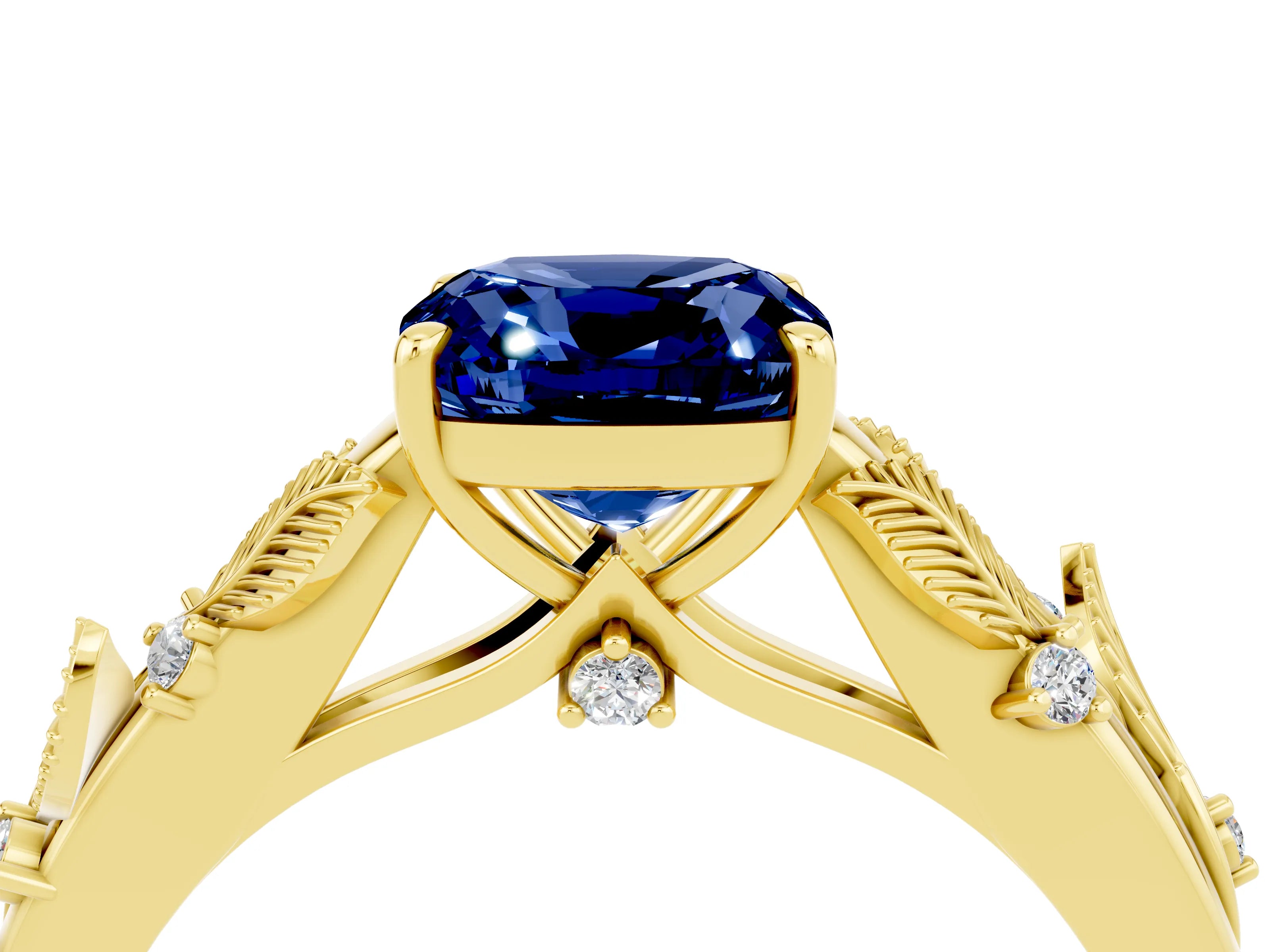 Yellow gold Cushion Cut Blue Sapphire Solitaire Ring with Leaf Motif Band and Four-Prong Setting_4