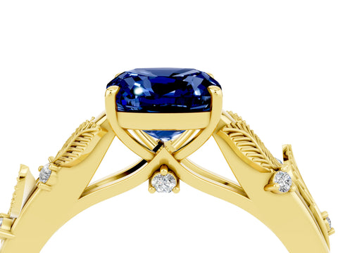 Yellow gold Cushion Cut Blue Sapphire Solitaire Ring with Leaf Motif Band and Four-Prong Setting_4