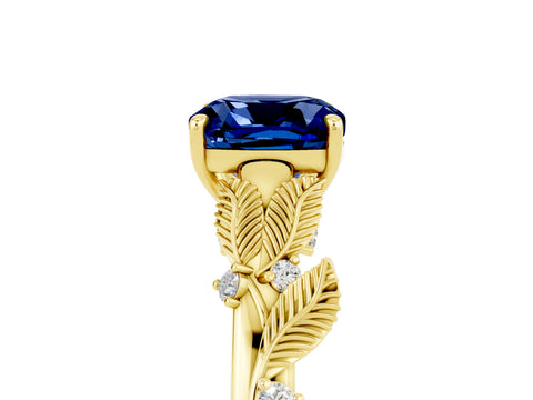 Yellow gold Cushion Cut Blue Sapphire Solitaire Ring with Leaf Motif Band and Four-Prong Setting_5