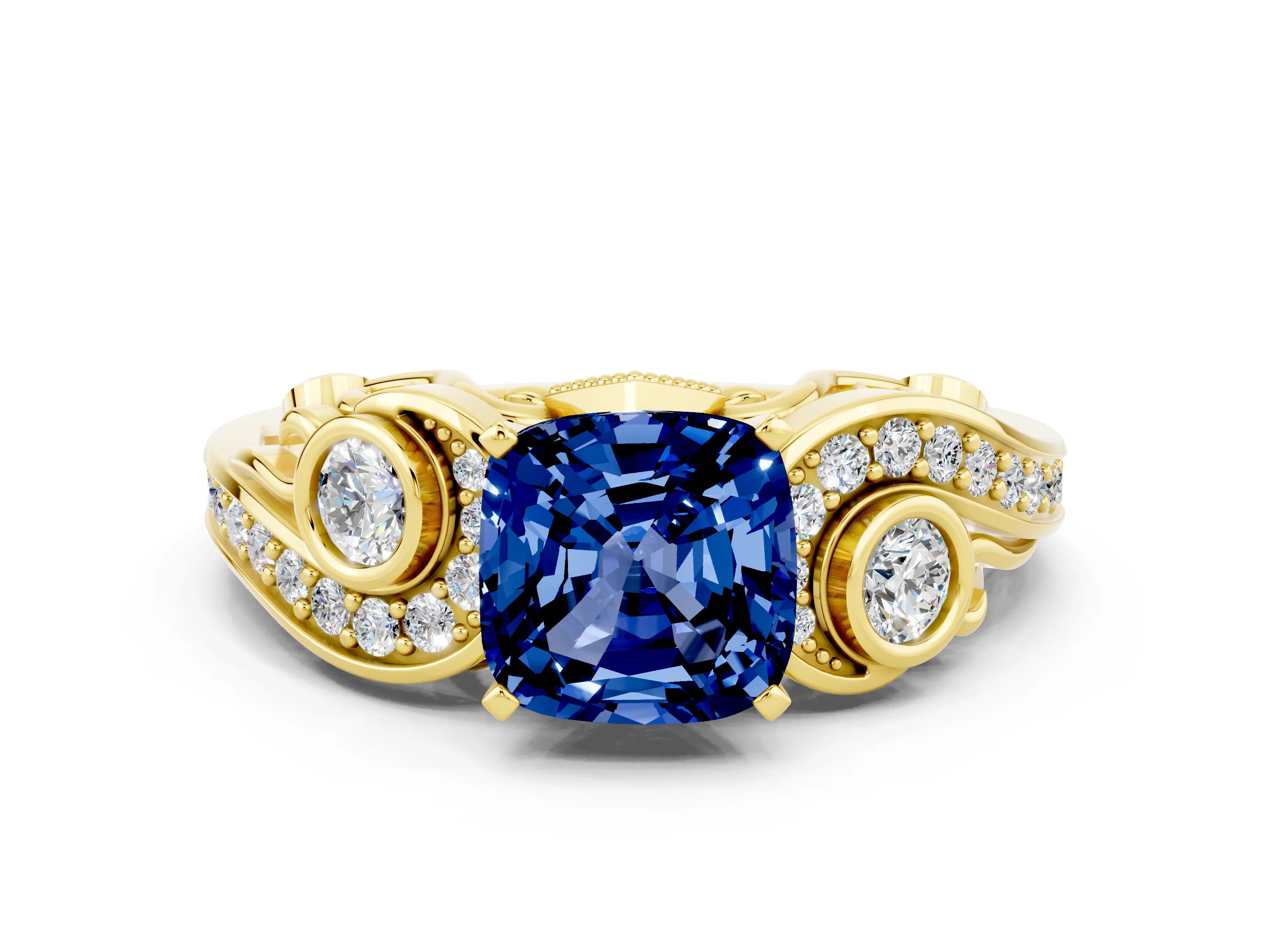 Yellow gold Cushion Cut Blue Sapphire Solitaire Ring with Milgrain Pavé Band and Four-Prong Setting_24