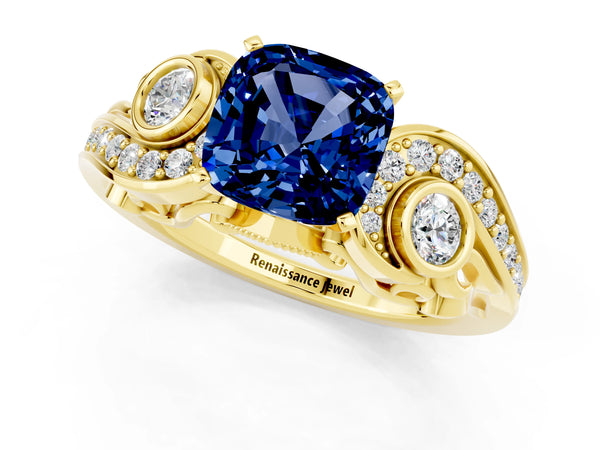 Yellow gold Cushion Cut Blue Sapphire Solitaire Ring with Milgrain Pavé Band and Four-Prong Setting