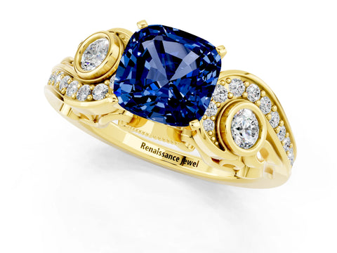 Yellow gold Cushion Cut Blue Sapphire Solitaire Ring with Milgrain Pavé Band and Four-Prong Setting_25