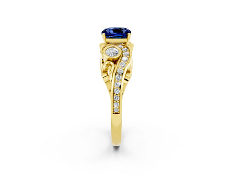 Yellow gold Cushion Cut Blue Sapphire Solitaire Ring with Milgrain Pavé Band and Four-Prong Setting_26