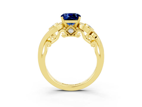 Yellow gold Cushion Cut Blue Sapphire Solitaire Ring with Milgrain Pavé Band and Four-Prong Setting_27