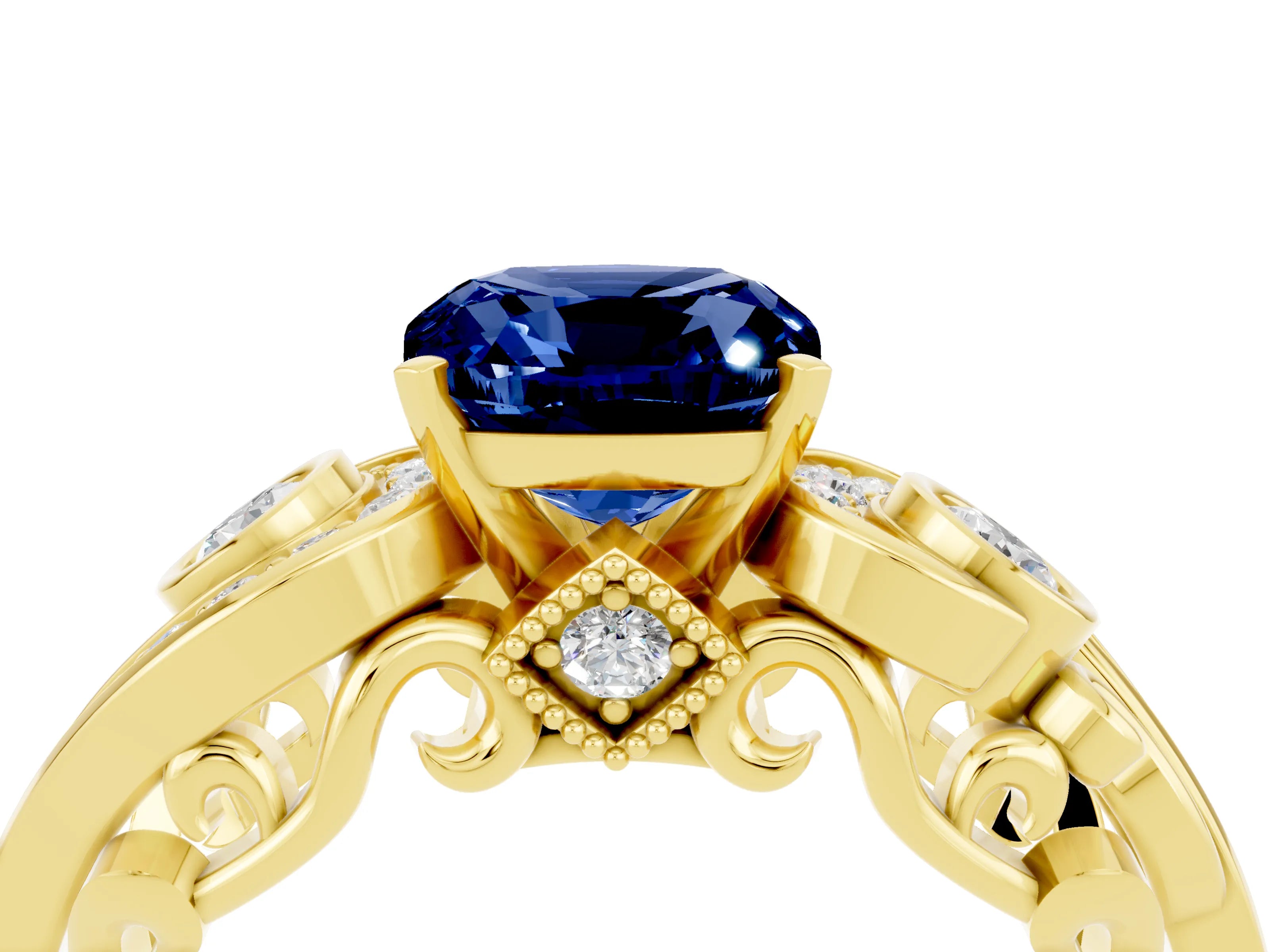 Yellow gold Cushion Cut Blue Sapphire Solitaire Ring with Milgrain Pavé Band and Four-Prong Setting_28