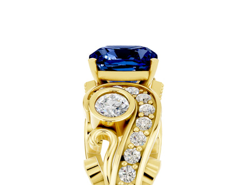 Yellow gold Cushion Cut Blue Sapphire Solitaire Ring with Milgrain Pavé Band and Four-Prong Setting_29