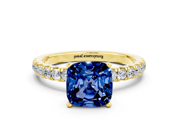 Yellow gold Cushion Cut Blue Sapphire Solitaire Ring with Pavé Accents and Four-Prong Setting