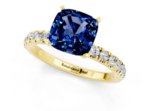 Yellow gold Cushion Cut Blue Sapphire Solitaire Ring with Pavé Accents and Four-Prong Setting_1