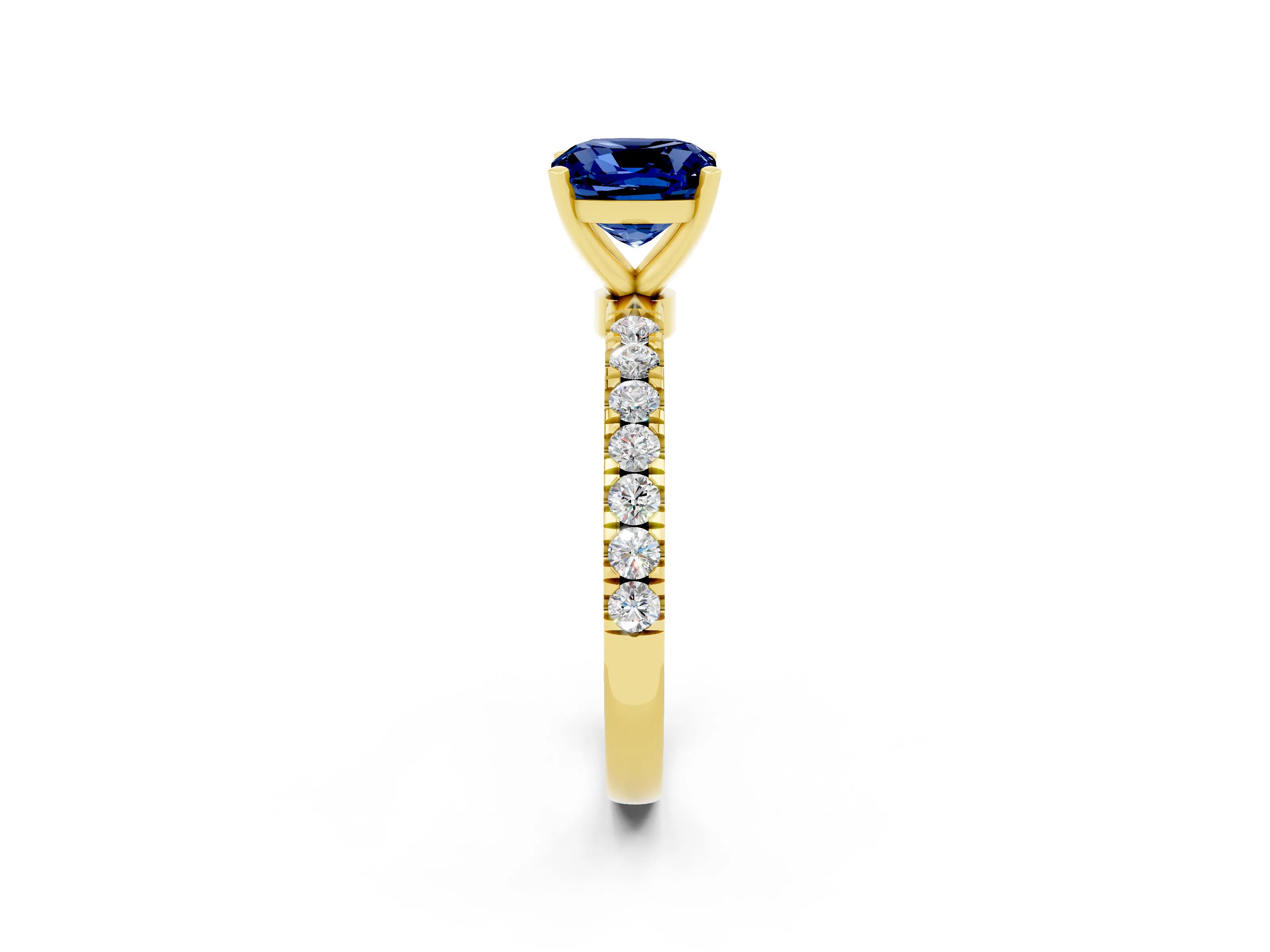 Yellow gold Cushion Cut Blue Sapphire Solitaire Ring with Pavé Accents and Four-Prong Setting_2