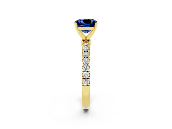 Yellow gold Cushion Cut Blue Sapphire Solitaire Ring with Pavé Accents and Four-Prong Setting