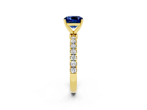 Yellow gold Cushion Cut Blue Sapphire Solitaire Ring with Pavé Accents and Four-Prong Setting_2