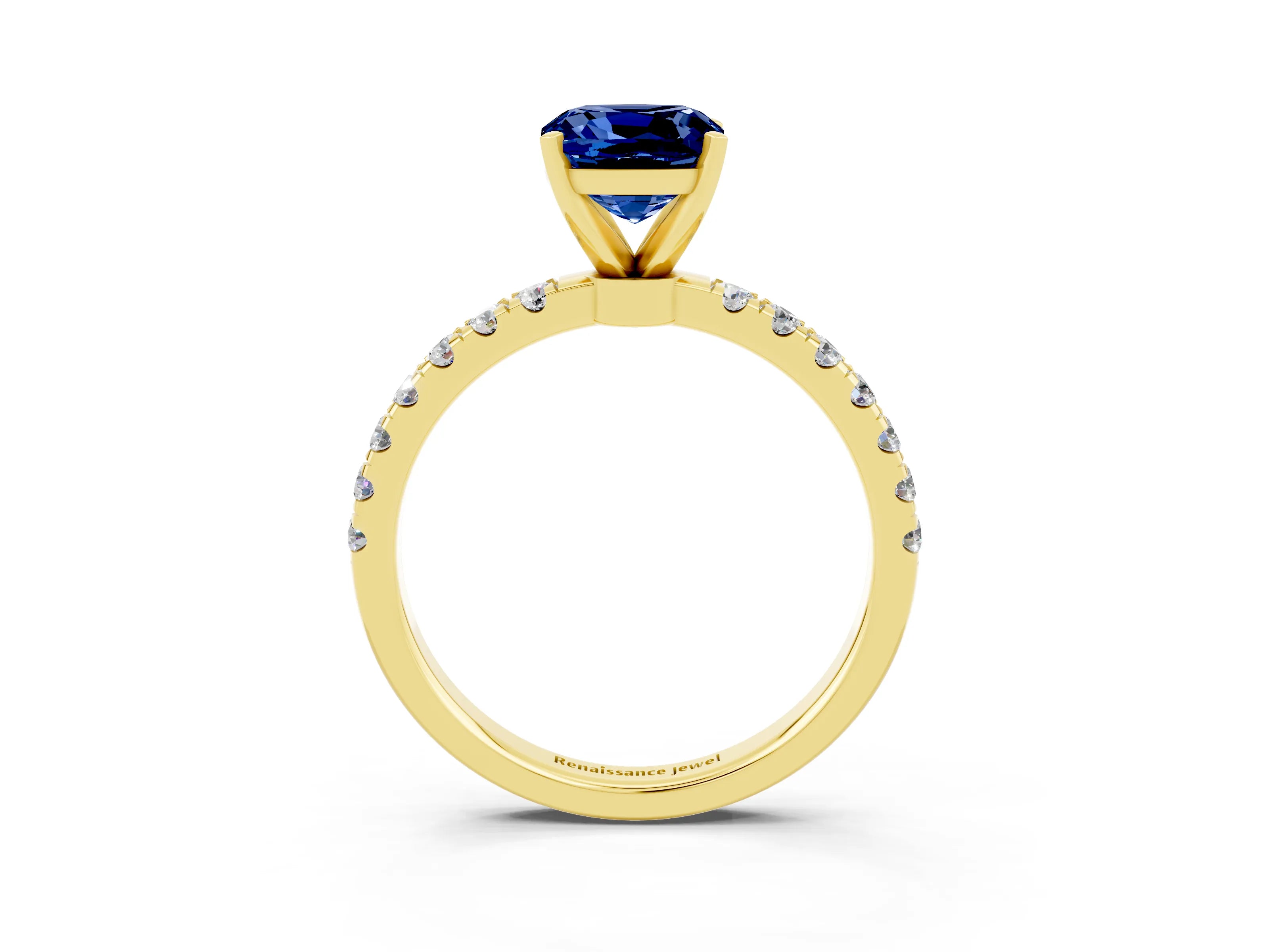 Yellow gold Cushion Cut Blue Sapphire Solitaire Ring with Pavé Accents and Four-Prong Setting_3