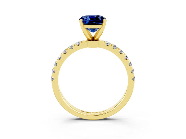 Yellow gold Cushion Cut Blue Sapphire Solitaire Ring with Pavé Accents and Four-Prong Setting