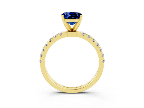 Yellow gold Cushion Cut Blue Sapphire Solitaire Ring with Pavé Accents and Four-Prong Setting_3