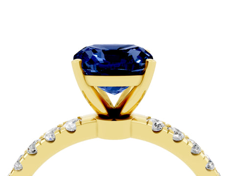 Yellow gold Cushion Cut Blue Sapphire Solitaire Ring with Pavé Accents and Four-Prong Setting_4