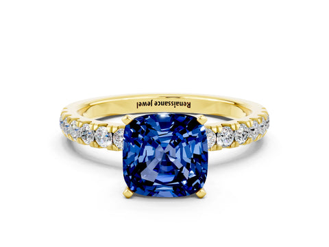 Yellow gold Cushion Cut Blue Sapphire Solitaire Ring with Pavé Accents and Four-Prong Setting