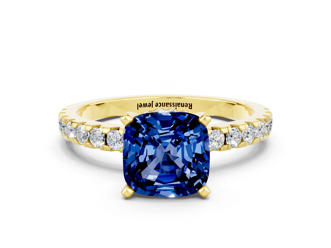 Yellow gold Cushion Cut Blue Sapphire Solitaire Ring with Pavé Band and Four-Prong Setting_24