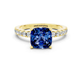 Yellow gold Cushion Cut Blue Sapphire Solitaire Ring with Pavé Band and Four-Prong Setting_24