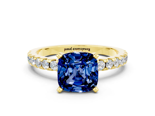 Yellow gold Cushion Cut Blue Sapphire Solitaire Ring with Round  Pavé Band and Four-Prong Setting