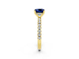 Yellow gold Cushion Cut Blue Sapphire Solitaire Ring with Pavé Band and Four-Prong Setting_26