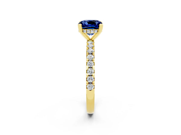 Yellow gold Cushion Cut Blue Sapphire Solitaire Ring with Round  Pavé Band and Four-Prong Setting