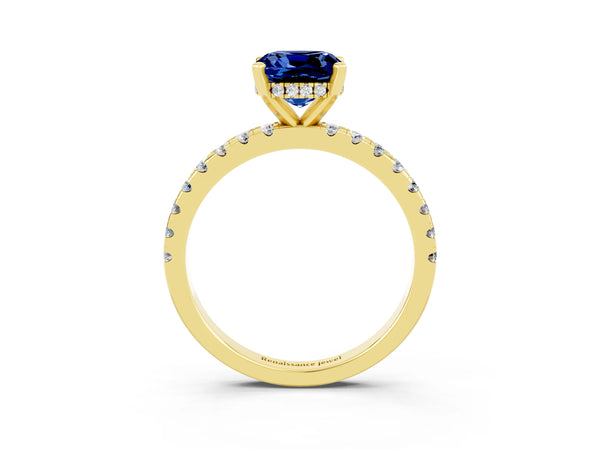 Yellow gold Cushion Cut Blue Sapphire Solitaire Ring with Round  Pavé Band and Four-Prong Setting