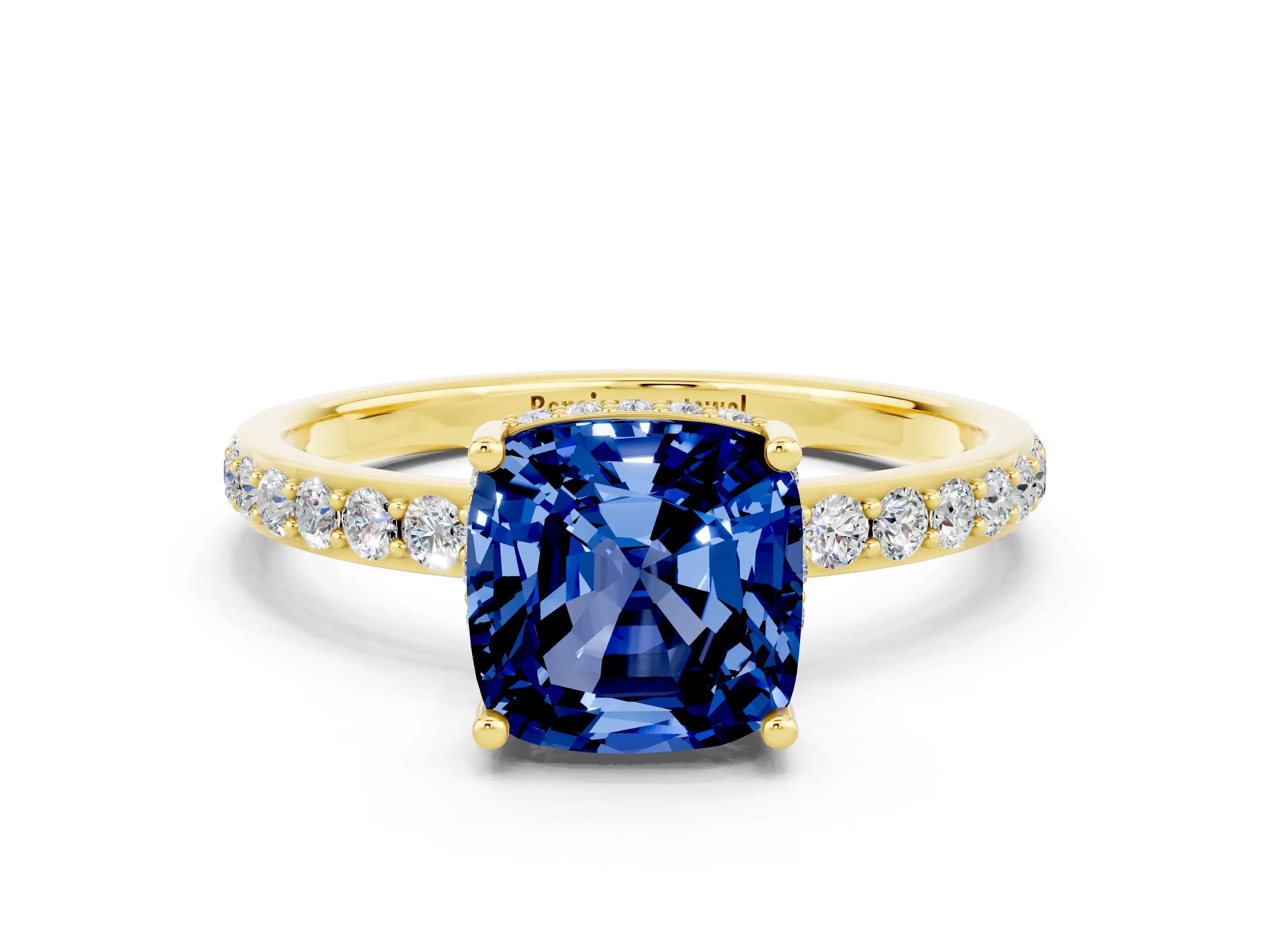 Yellow gold Cushion Cut Blue Sapphire Solitaire Ring with Pavé Band and Hidden Halo_12