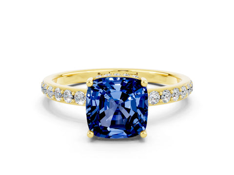 Yellow gold Cushion Cut Blue Sapphire Solitaire Ring with Pavé Band and Hidden Halo_12