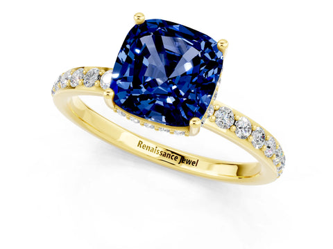 Yellow gold Cushion Cut Blue Sapphire Solitaire Ring with Pavé Band and Hidden Halo_13