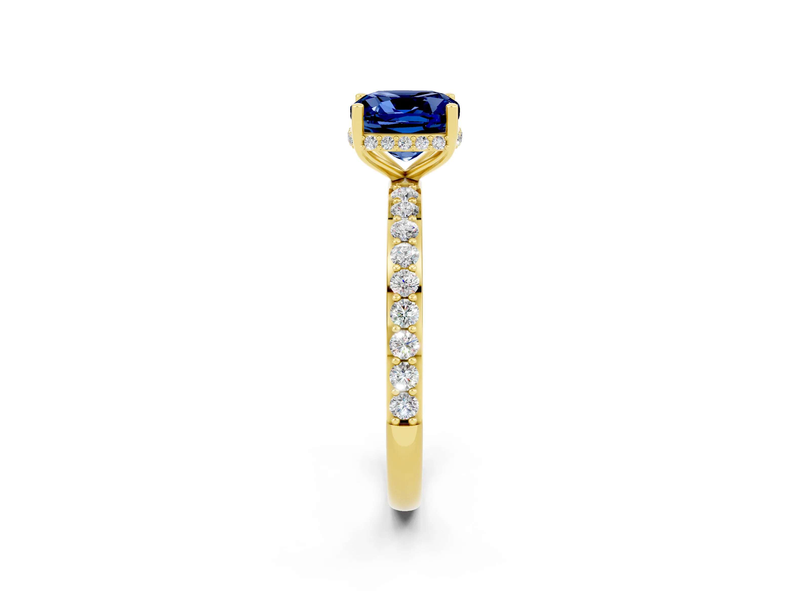 Yellow gold Cushion Cut Blue Sapphire Solitaire Ring with Pavé Band and Hidden Halo_14