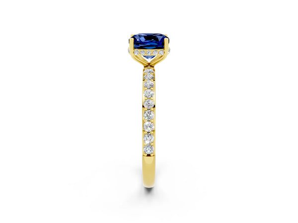 Yellow gold Cushion Cut Blue Sapphire Solitaire Ring with Pavé Band and Hidden Halo