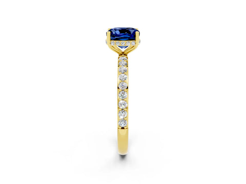 Yellow gold Cushion Cut Blue Sapphire Solitaire Ring with Pavé Band and Hidden Halo_14