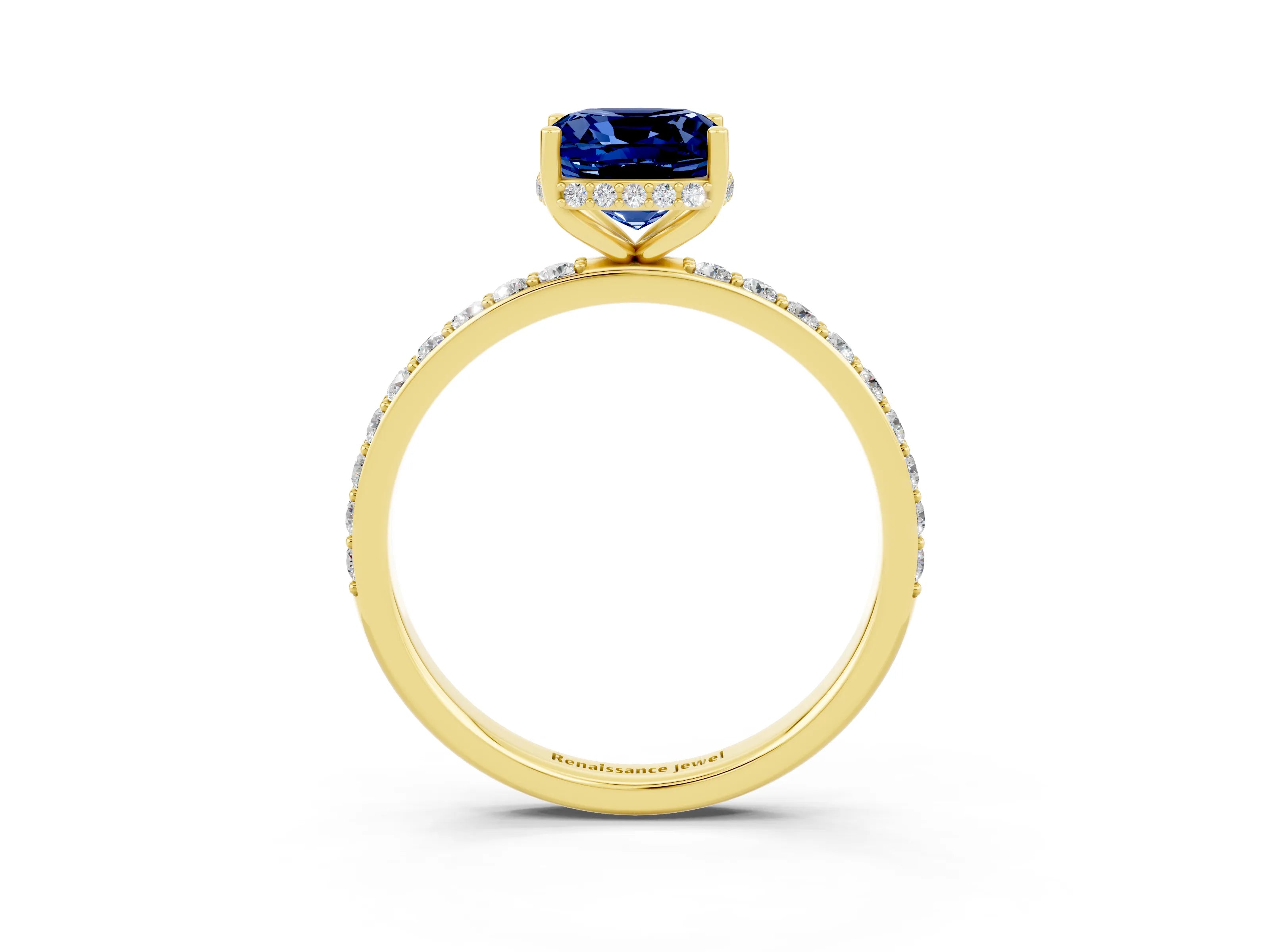Yellow gold Cushion Cut Blue Sapphire Solitaire Ring with Pavé Band and Hidden Halo_15