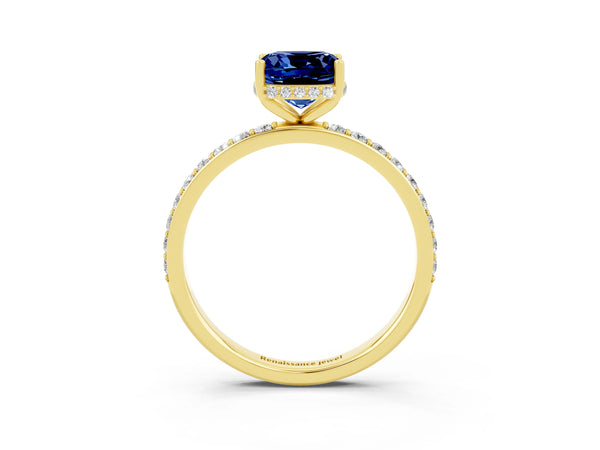 Yellow gold Cushion Cut Blue Sapphire Solitaire Ring with Pavé Band and Hidden Halo