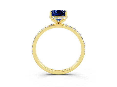 Yellow gold Cushion Cut Blue Sapphire Solitaire Ring with Pavé Band and Hidden Halo_15