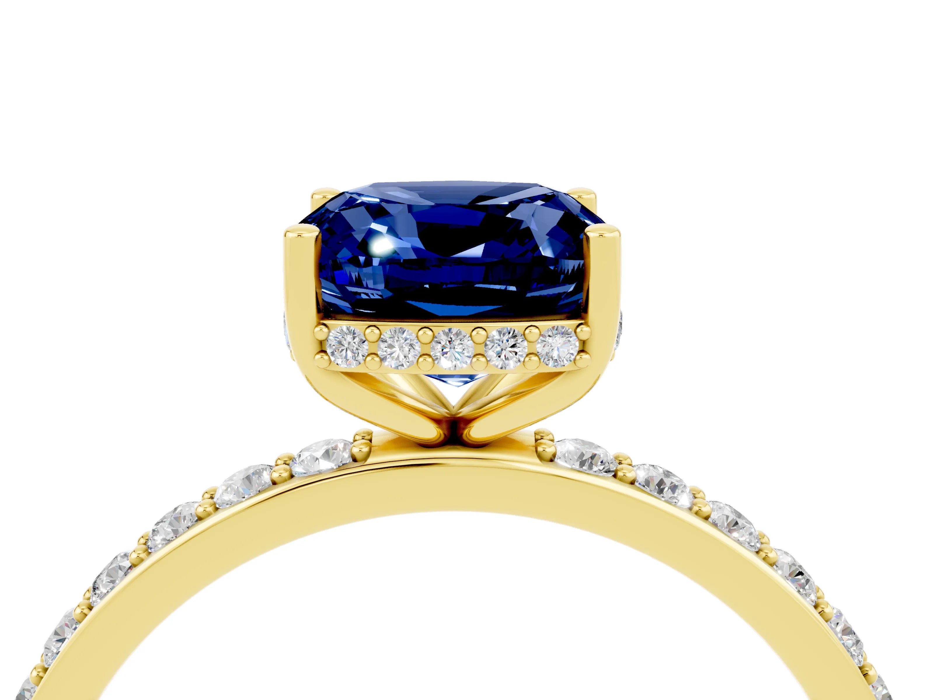 Yellow gold Cushion Cut Blue Sapphire Solitaire Ring with Pavé Band and Hidden Halo_16