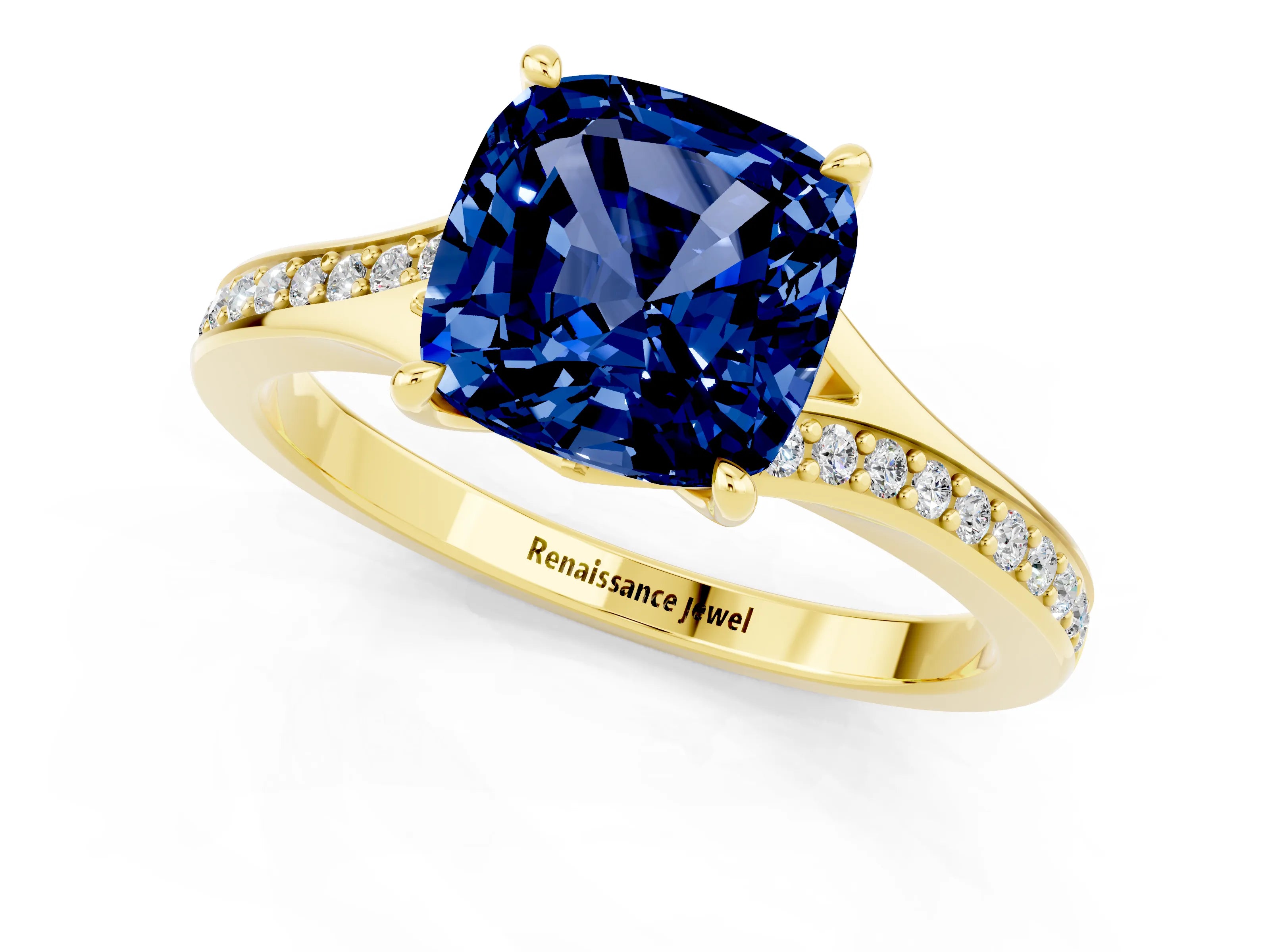 Yellow gold Cushion Cut Blue Sapphire Solitaire Ring with Pavé Band and Prong Setting_1