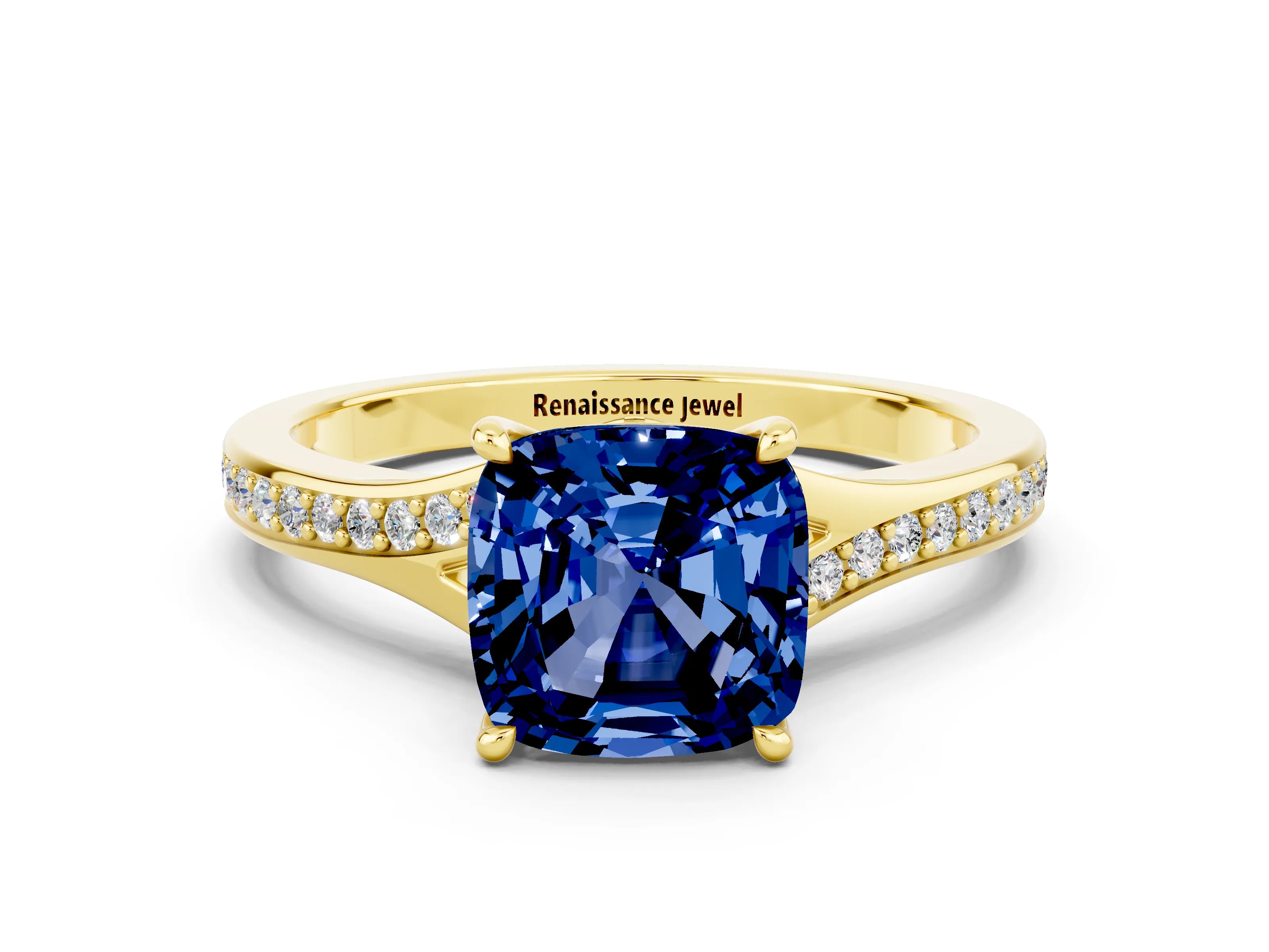 Yellow gold Cushion Cut Blue Sapphire Solitaire Ring with Pavé Band and Prong Setting_12