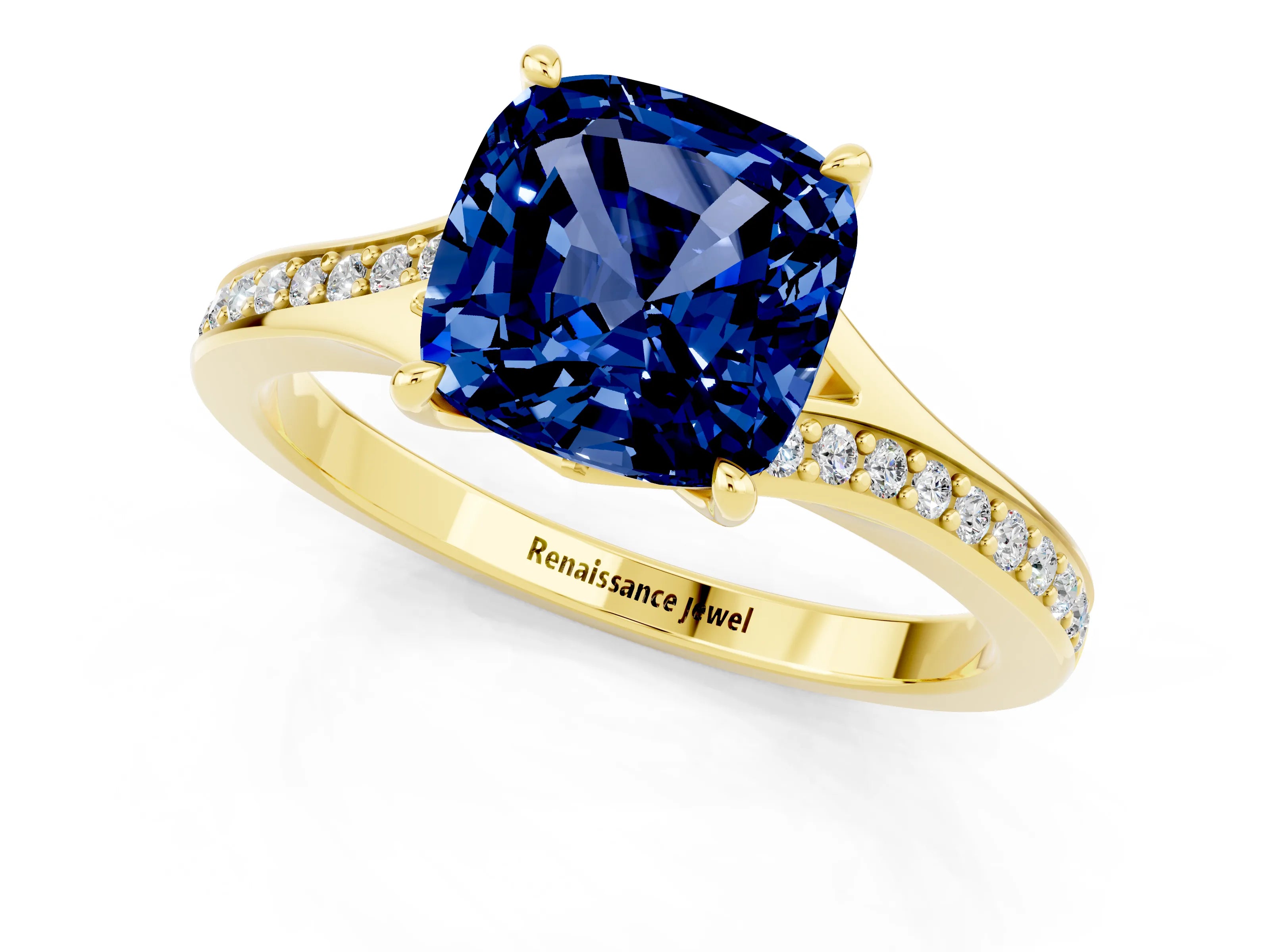 Yellow gold Cushion Cut Blue Sapphire Solitaire Ring with Pavé Band and Prong Setting_13