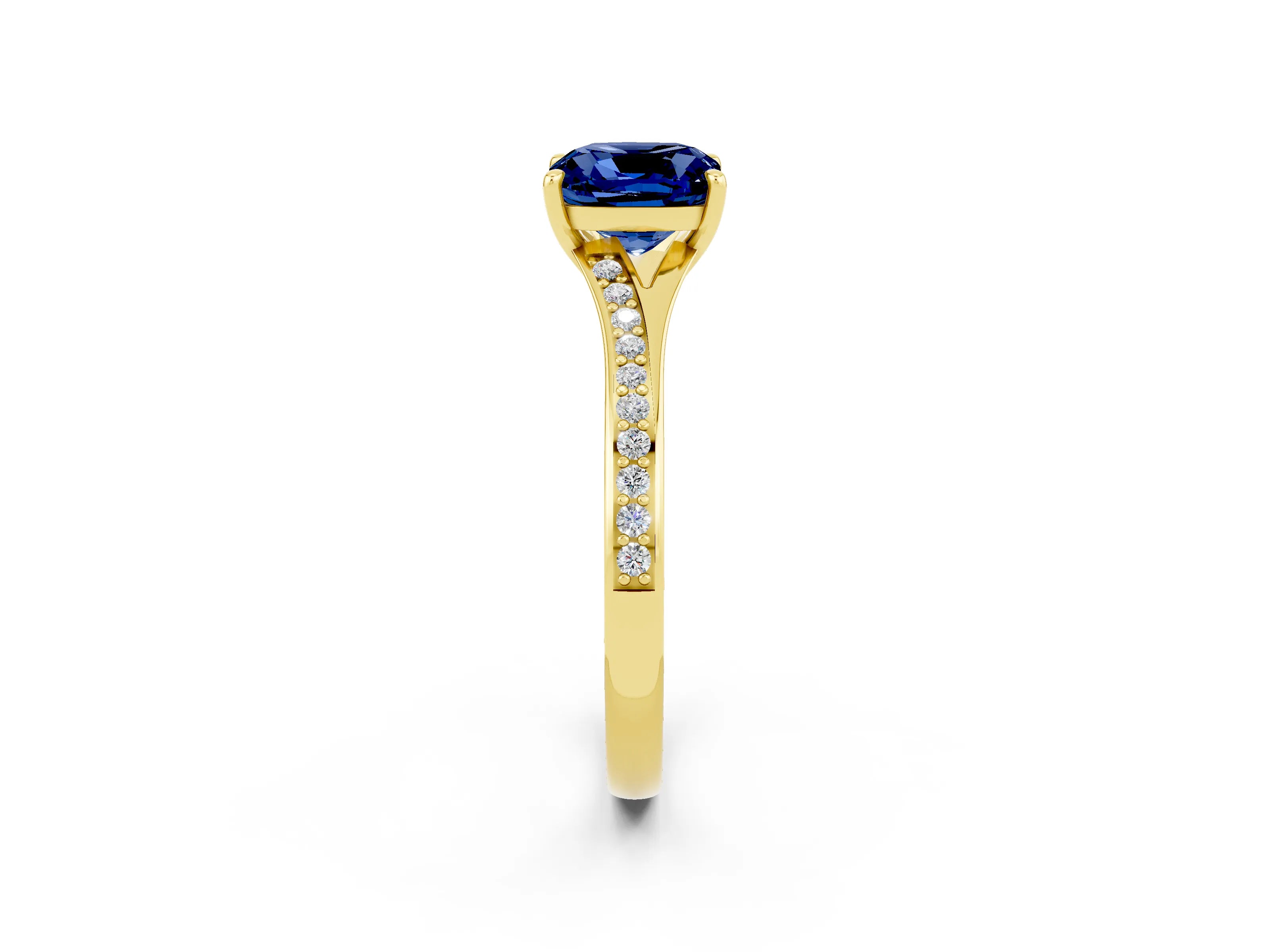 Yellow gold Cushion Cut Blue Sapphire Solitaire Ring with Pavé Band and Prong Setting_14