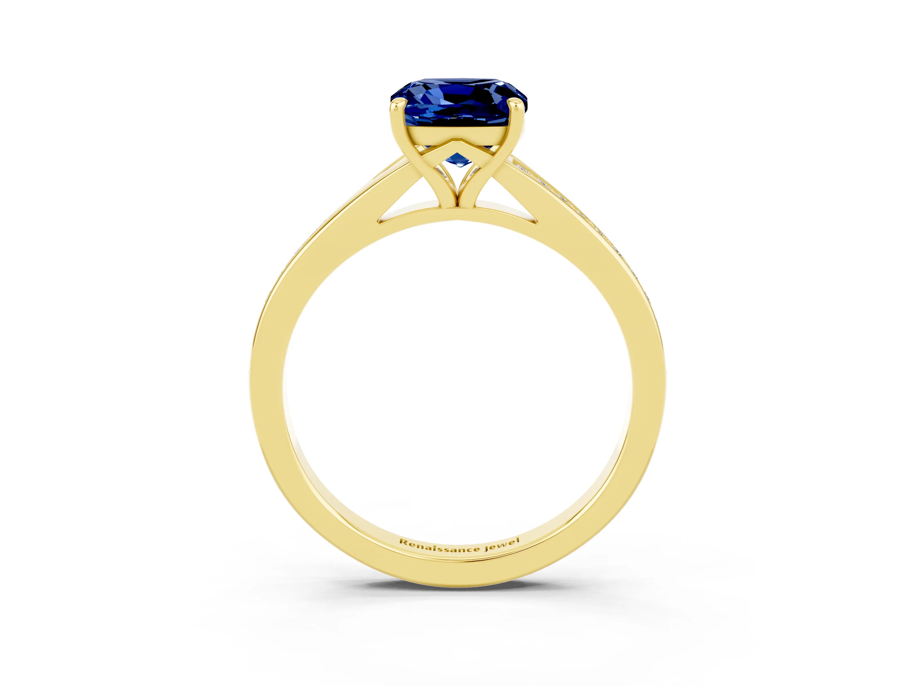 Yellow gold Cushion Cut Blue Sapphire Solitaire Ring with Pavé Band and Prong Setting_15